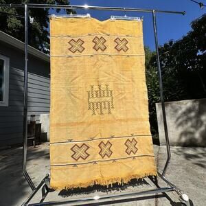 Vintage Moroccan Sumouk Kilim Hanbel Silk Area Rug Wall Hanging Saffron 3'x5'